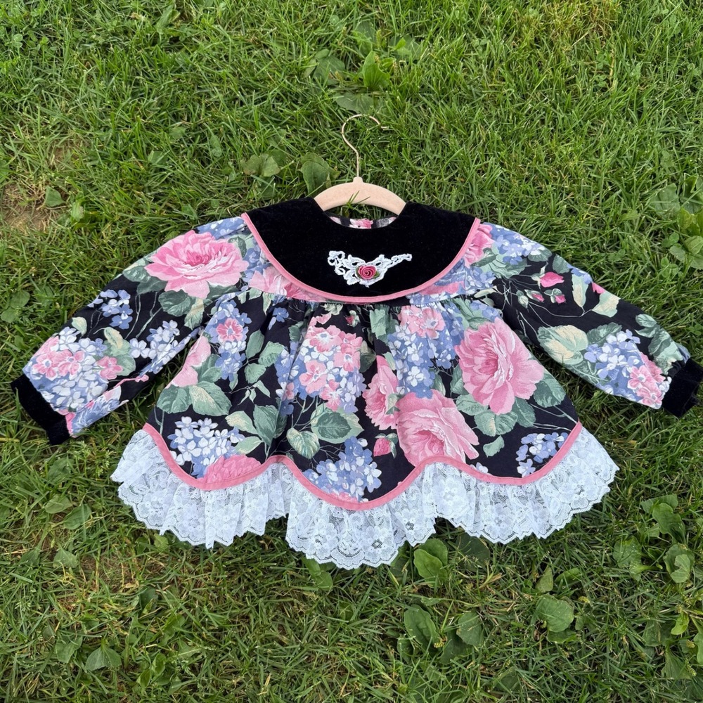 Jo Lene Vintage Floral Tunic XL Baby 9-12M Pink Blue Rose Velvet Collar Lace Hem